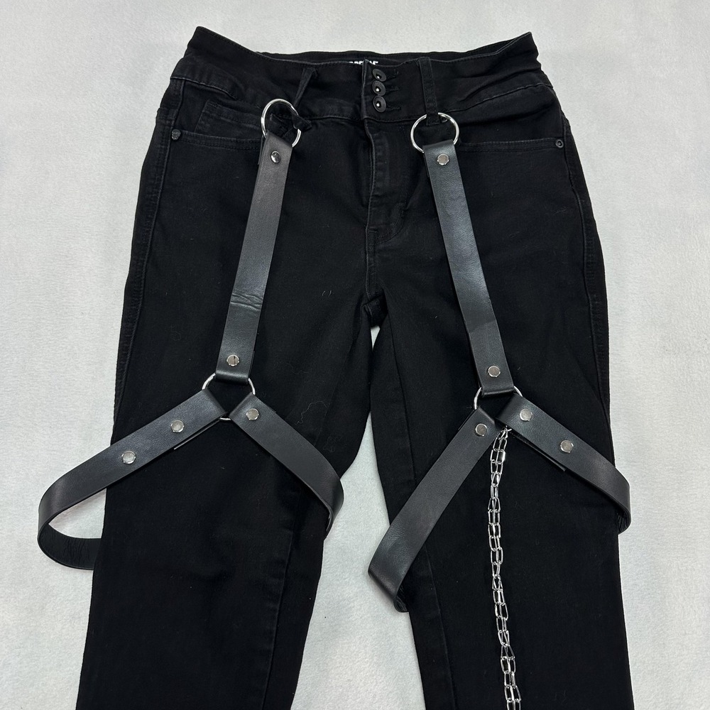 HT Denim Pants Women's 5 Hi-Rise Super Skinny Harness Straps Chain Goth Punk Emo